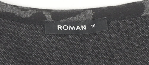 Roman Women’s Black Animal Print Shift Dress Size 16 V-Neck