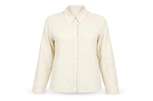 Front view of Marks & Spencer women’s beige button-up shirt, size UK 10, long sleeve