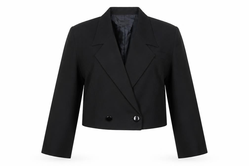 Front view of NON NO women’s black cropped suit jacket, size UK 18, double breasted