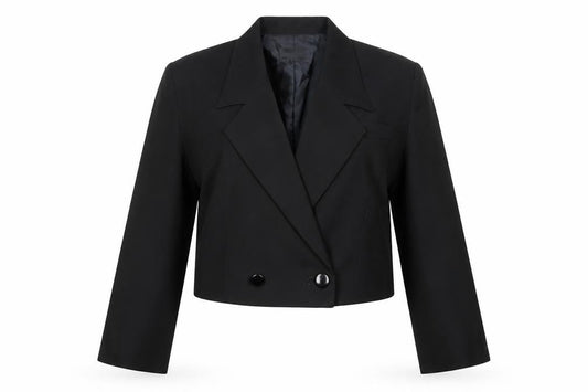 Front view of NON NO women’s black cropped suit jacket, size UK 18, double breasted