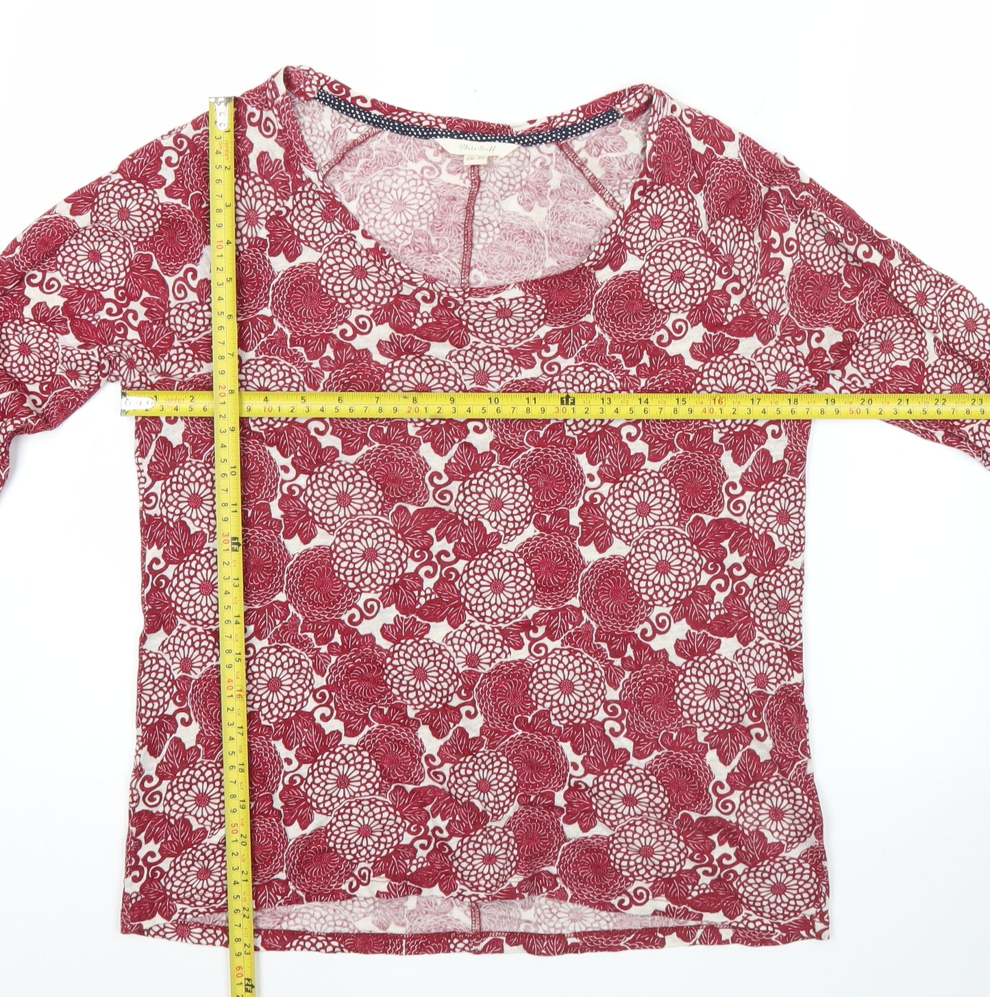 White Stuff Womens Red Floral Linen Blouse UK 10 Scoop Neck 3/4 Sleeve