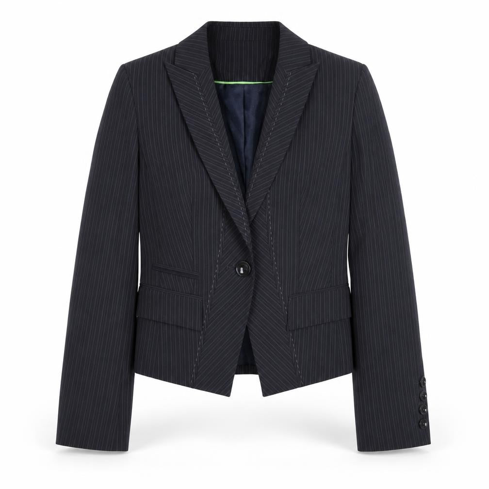 Front view of Next women’s black pinstripe blazer, size UK 10 slim, fit notch lapel