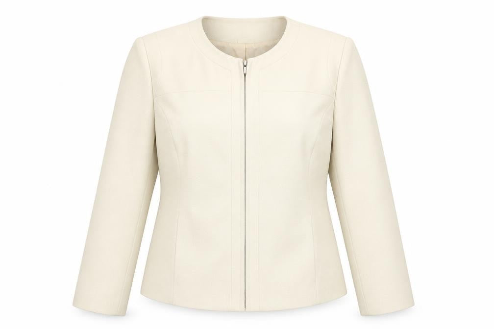 Front view of Wardrobe Essentials Women’s Beige Zip Jacket, size UK 16, Workwear