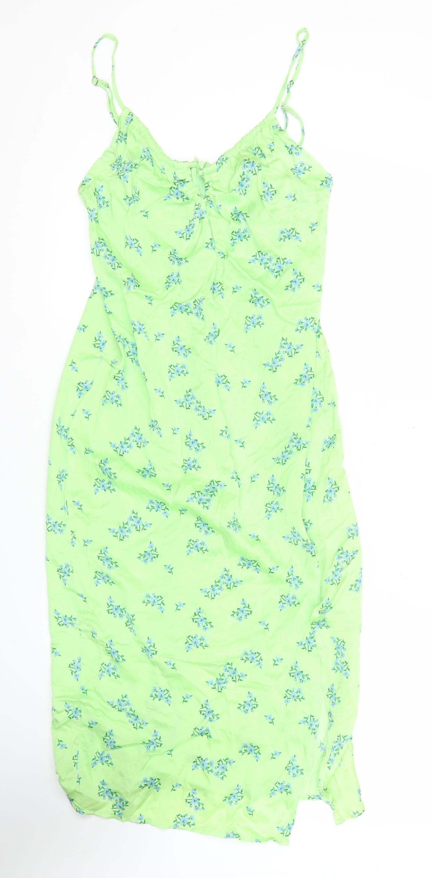Bershka Womens Green Floral Midi Slip Dress Size M Viscose