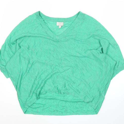 Monsoon Womens Green Linen Blend V-Neck Short Sleeve Pullover Jumper M