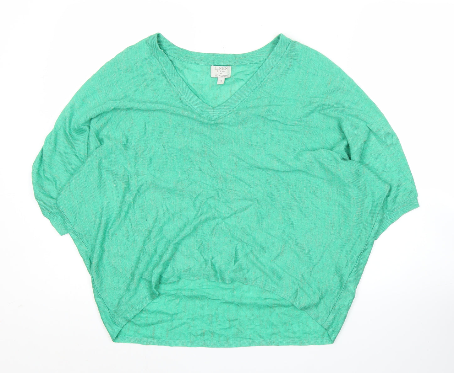 Monsoon Womens Green Linen Blend V-Neck Short Sleeve Pullover Jumper M