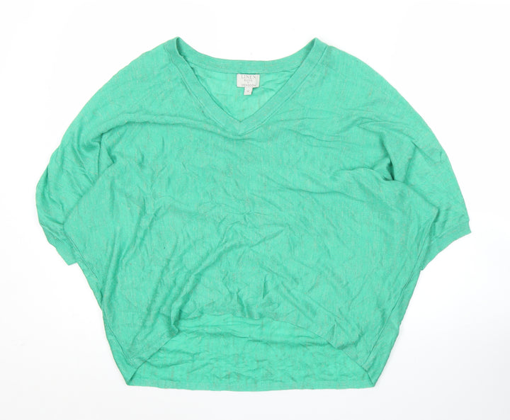 Monsoon Womens Green Linen Blend V-Neck Short Sleeve Pullover Jumper M