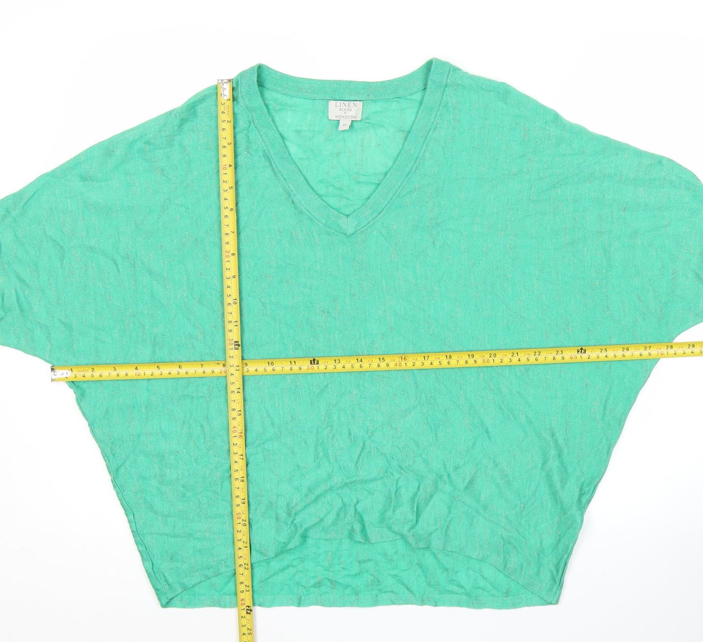 Monsoon Womens Green Linen Blend V-Neck Short Sleeve Pullover Jumper M