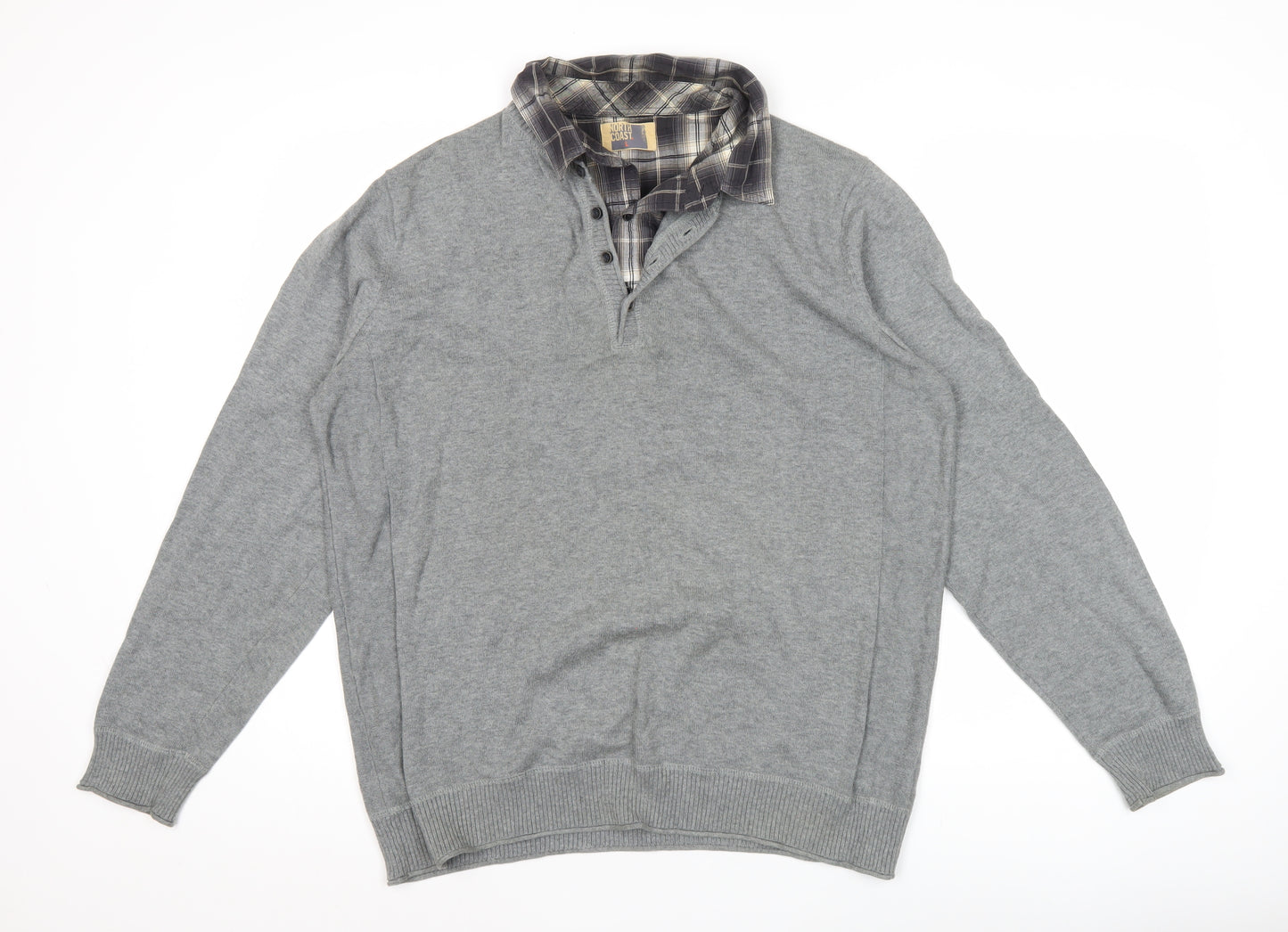 North Coast Men’s Grey Henley Jumper Knit Collared L Long Sleeve