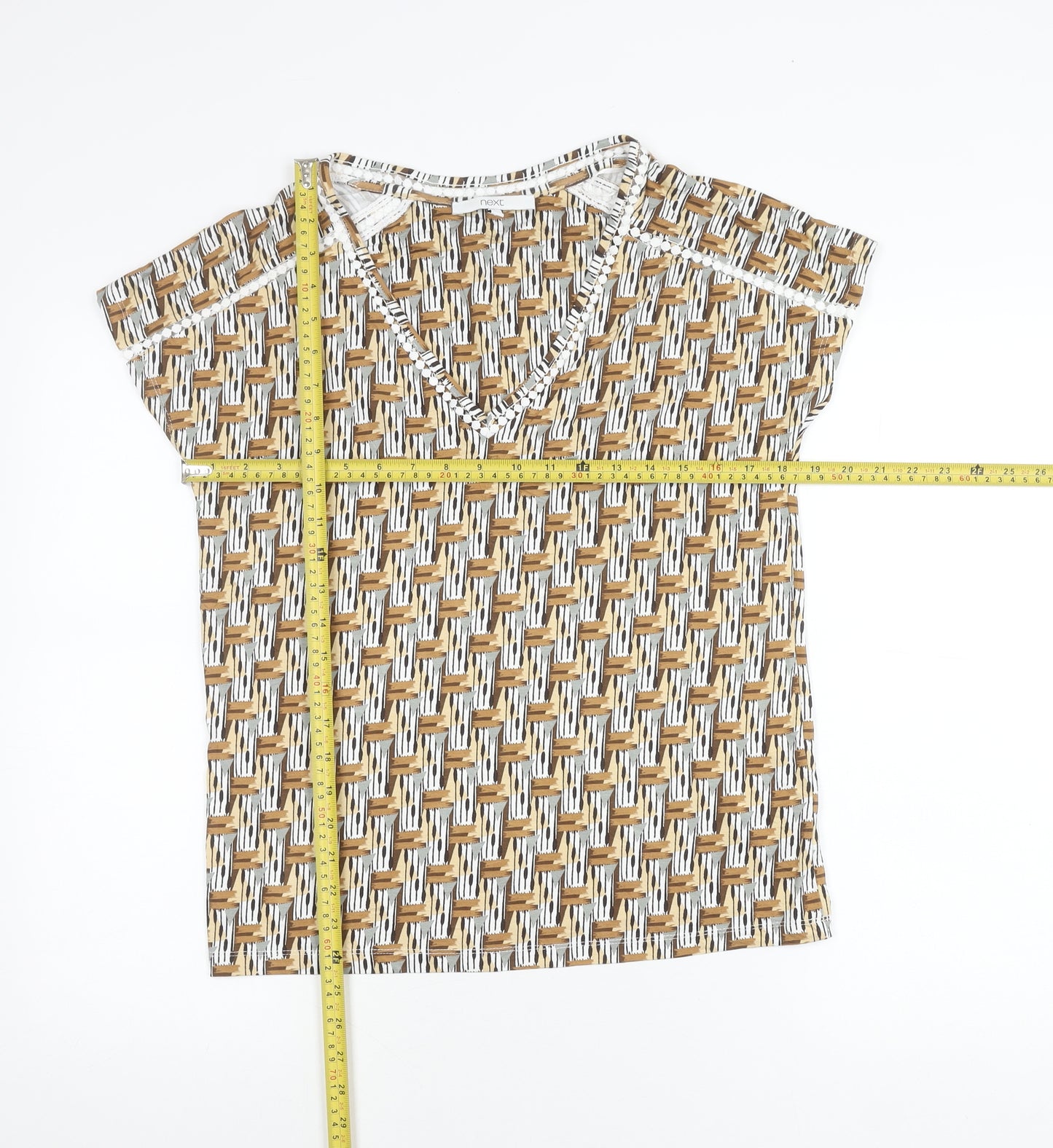 Next Women’s Brown Geometric V-Neck Short Sleeve T-Shirt UK 6