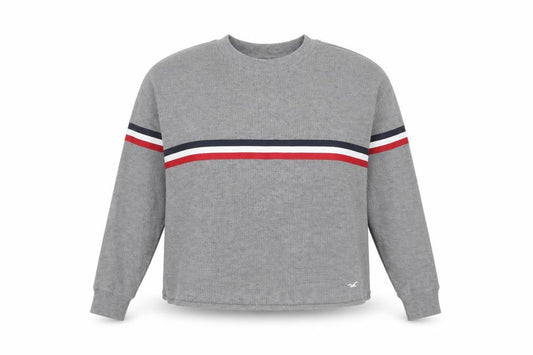 Front view of Hollister Women’s Grey Striped jumper, size S, Crew Neck
