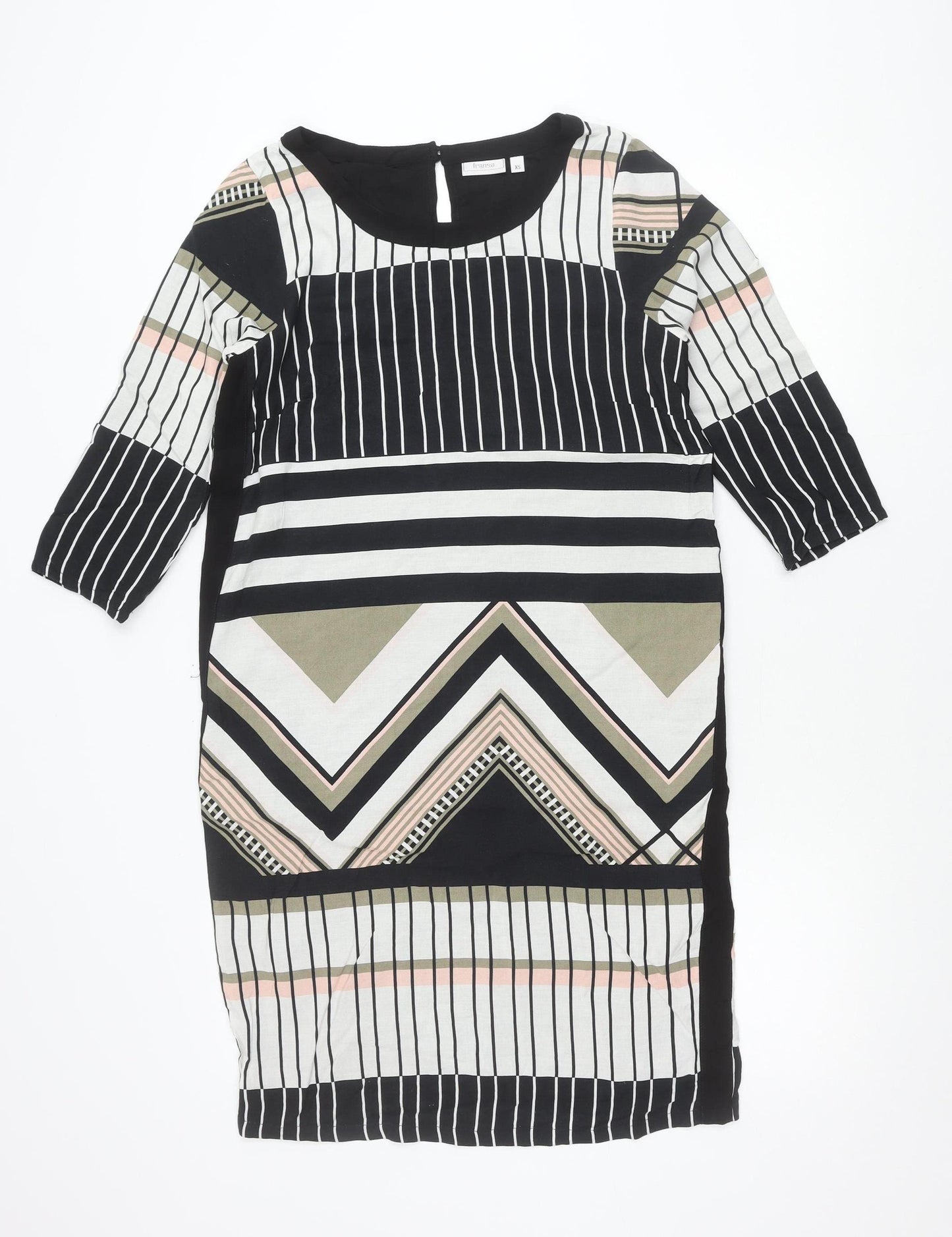 Fransa Womens XS Black White Shift Dress Geometric Print 3/4 Sleeve