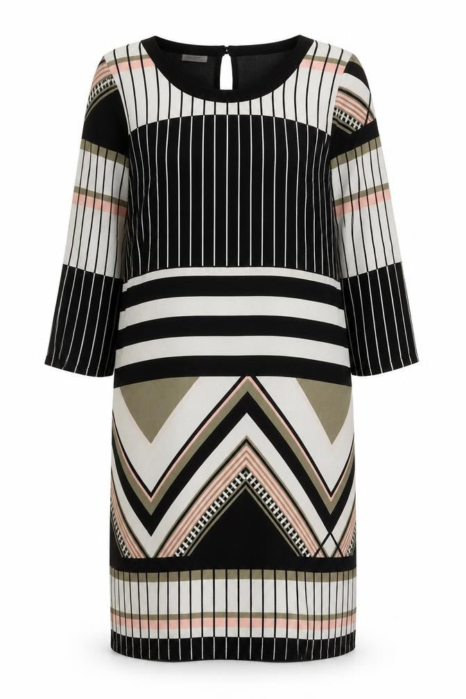 Fransa Womens XS Black White Shift Dress Geometric Print 3/4 Sleeve