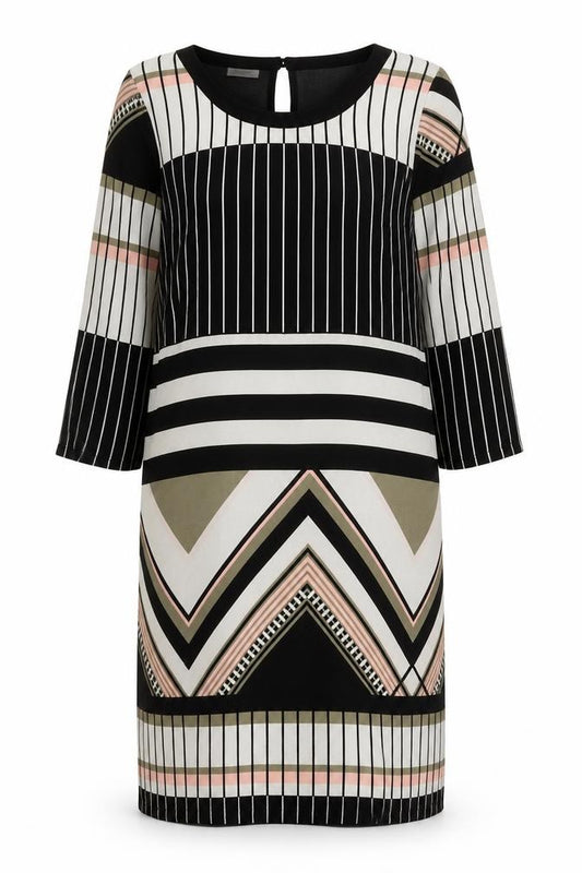 Front view of Fransa women’s xs black white shift dress geometric print 3/4 sleeve