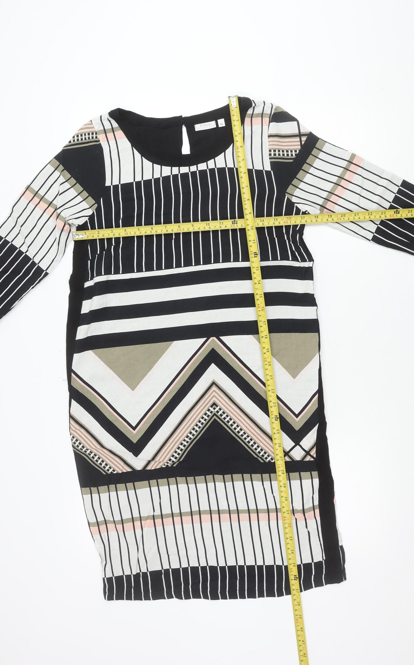 Fransa Womens XS Black White Shift Dress Geometric Print 3/4 Sleeve