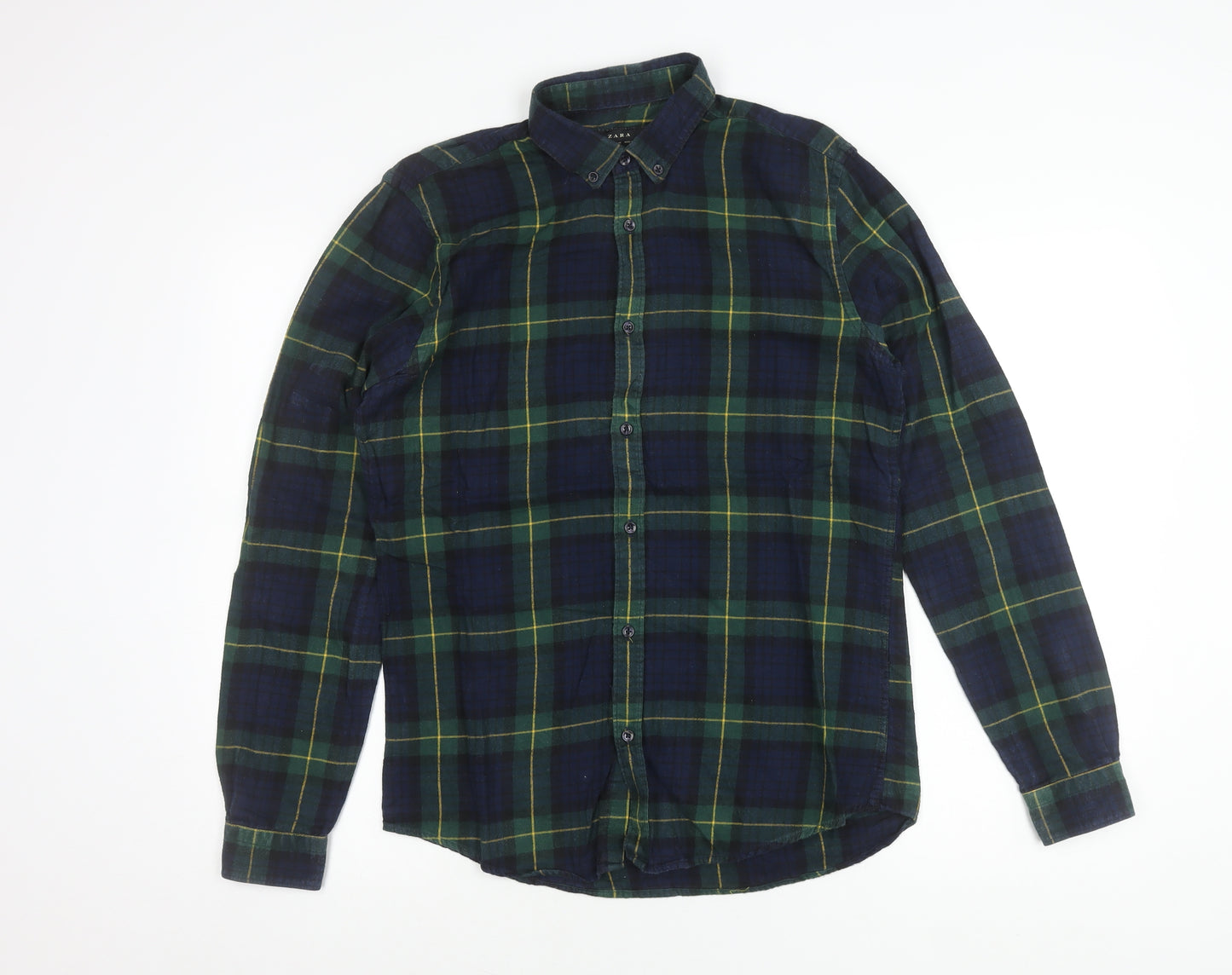 Zara Men’s Blue Green Plaid Button-Up Shirt Size S Relaxed Fit