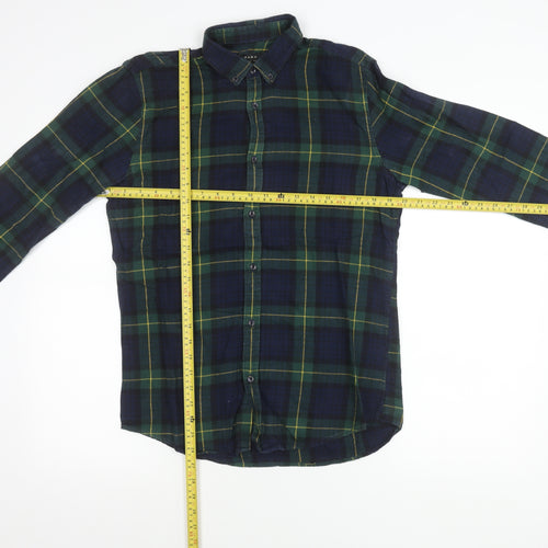 Zara Men’s Blue Green Plaid Button-Up Shirt Size S Relaxed Fit