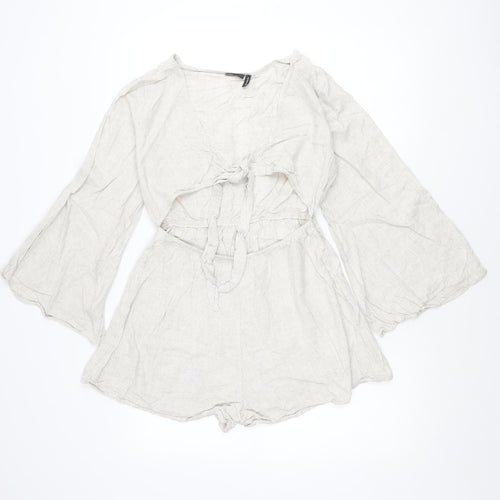ASOS DESIGN Women’s Beige Linen Blend Playsuit Size 10 V-Neck Long Sleeve