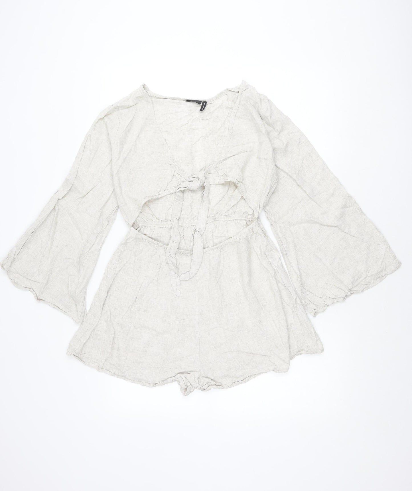 ASOS DESIGN Women’s Beige Linen Blend Playsuit Size 10 V-Neck Long Sleeve