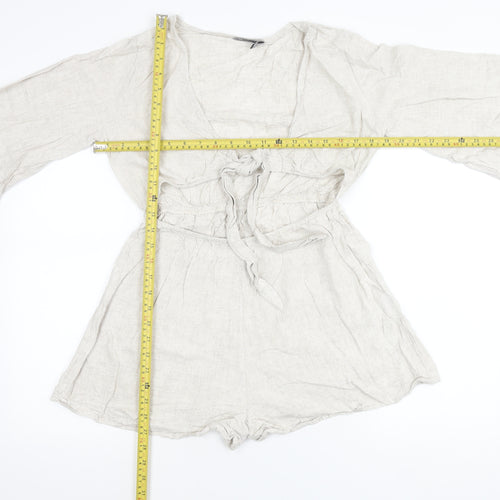 ASOS DESIGN Women’s Beige Linen Blend Playsuit Size 10 V-Neck Long Sleeve