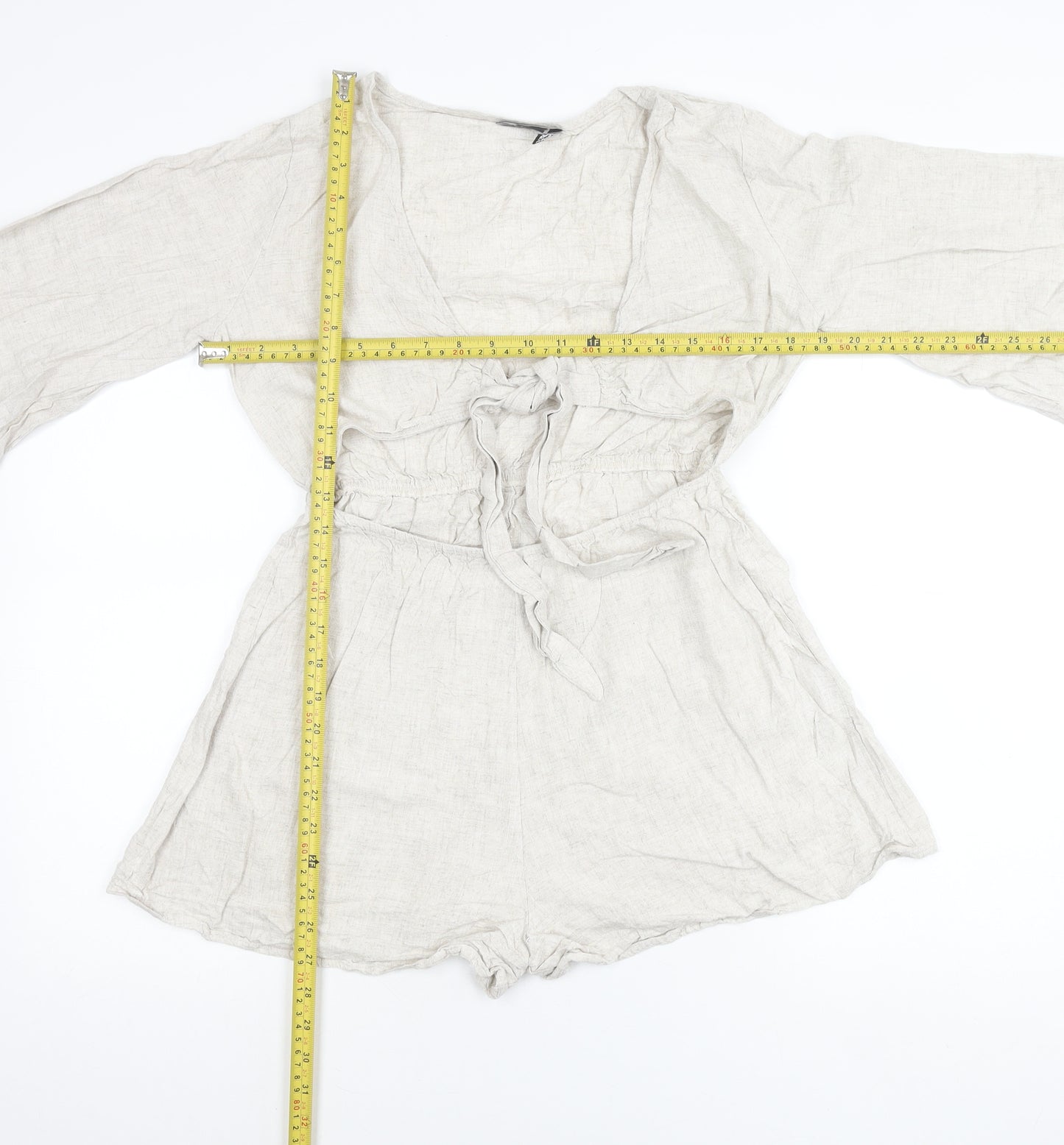 ASOS DESIGN Women’s Beige Linen Blend Playsuit Size 10 V-Neck Long Sleeve