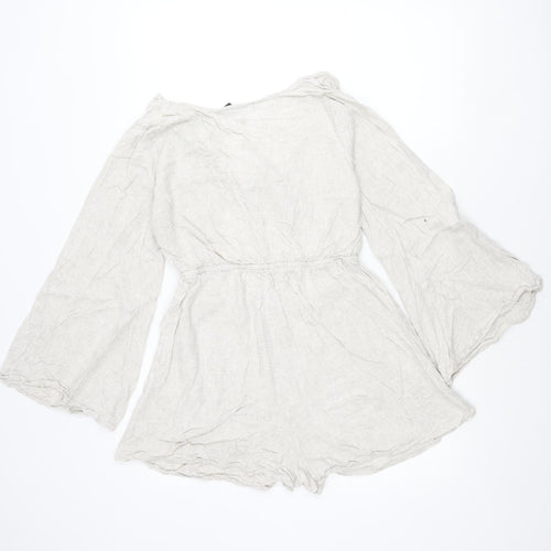 ASOS DESIGN Women’s Beige Linen Blend Playsuit Size 10 V-Neck Long Sleeve