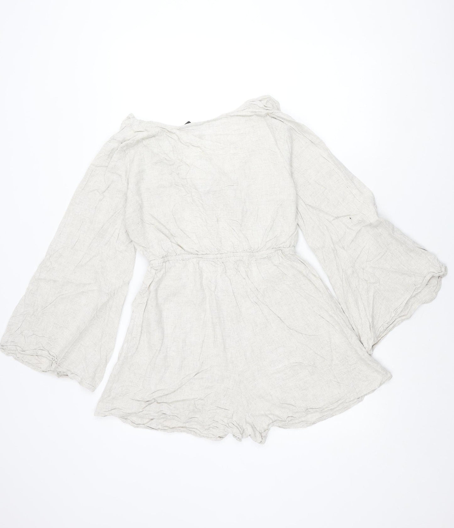 ASOS DESIGN Women’s Beige Linen Blend Playsuit Size 10 V-Neck Long Sleeve