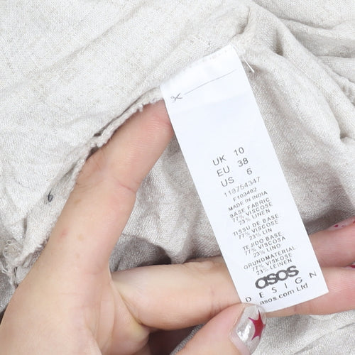 ASOS DESIGN Women’s Beige Linen Blend Playsuit Size 10 V-Neck Long Sleeve