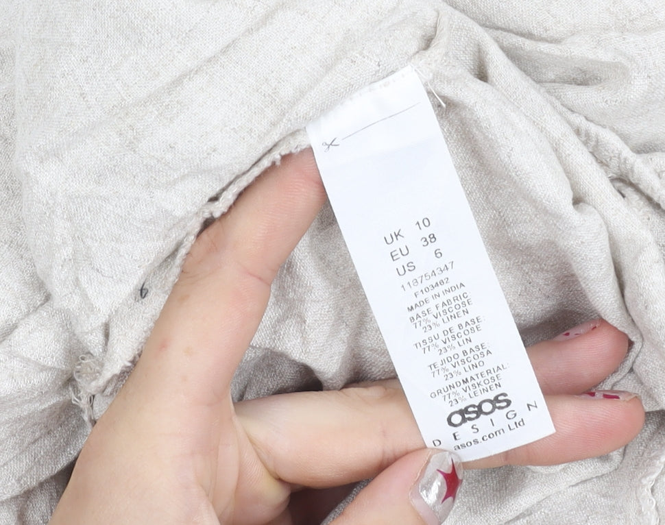 ASOS DESIGN Women’s Beige Linen Blend Playsuit Size 10 V-Neck Long Sleeve