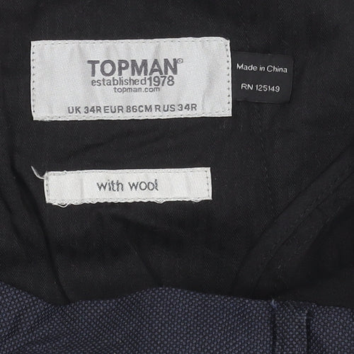 Topman Unisex Adults Blue Wool Blend Dress Trousers Size 34R