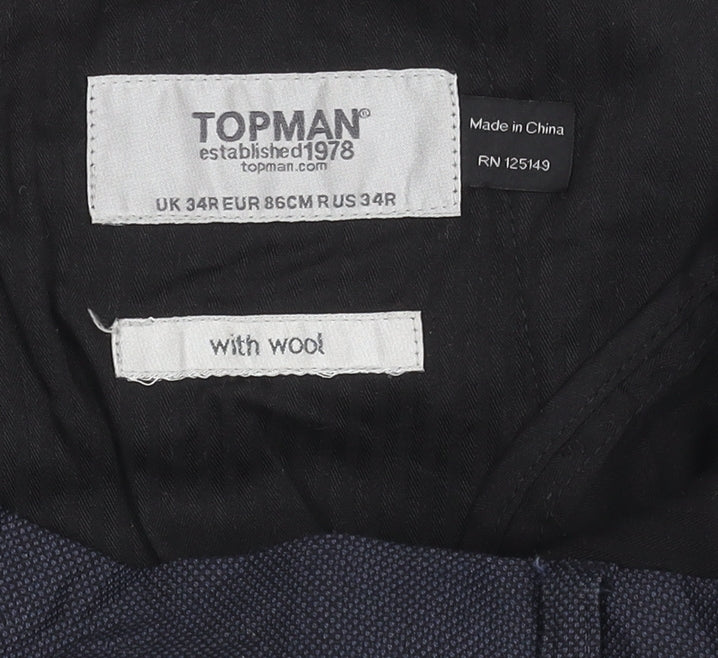 Topman Unisex Adults Blue Wool Blend Dress Trousers Size 34R