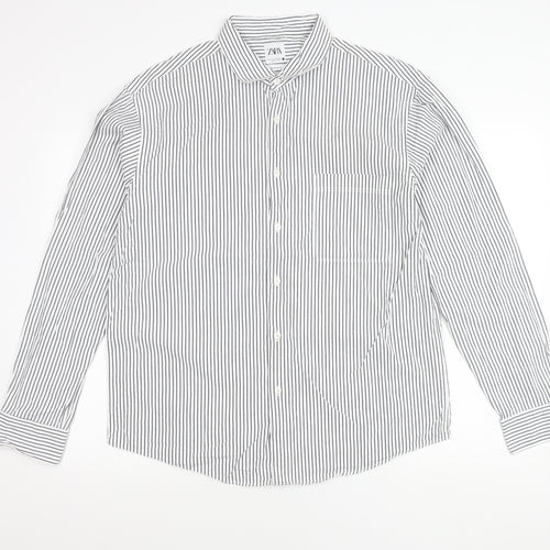 Zara Men’s White Striped Cotton Long Sleeve Regular Fit Shirt XL