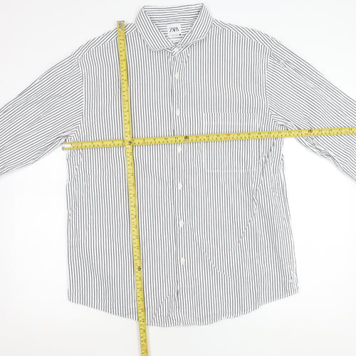 Zara Men’s White Striped Cotton Long Sleeve Regular Fit Shirt XL
