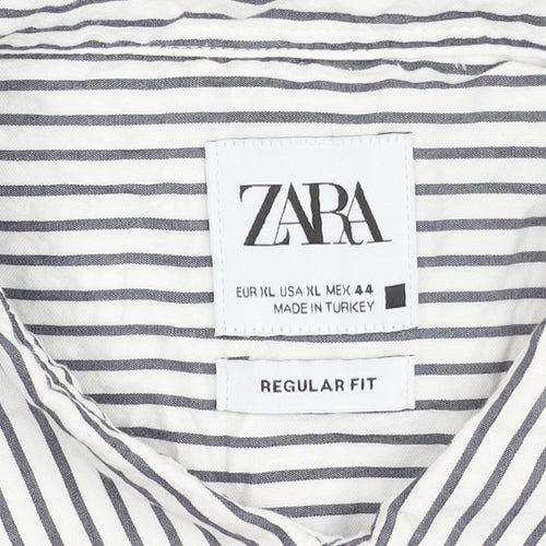 Zara Men’s White Striped Cotton Long Sleeve Regular Fit Shirt XL
