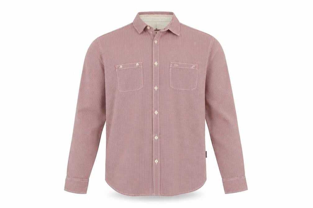 Front view of St George by Duffer men’s red check long sleeve shirt, size L