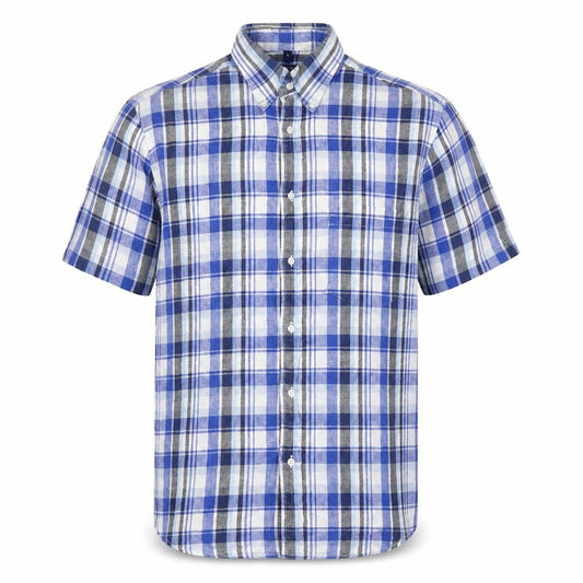 Front view of McNeal Men’s Blue Checked Linen Short Sleeve Button-Up Shirt S
