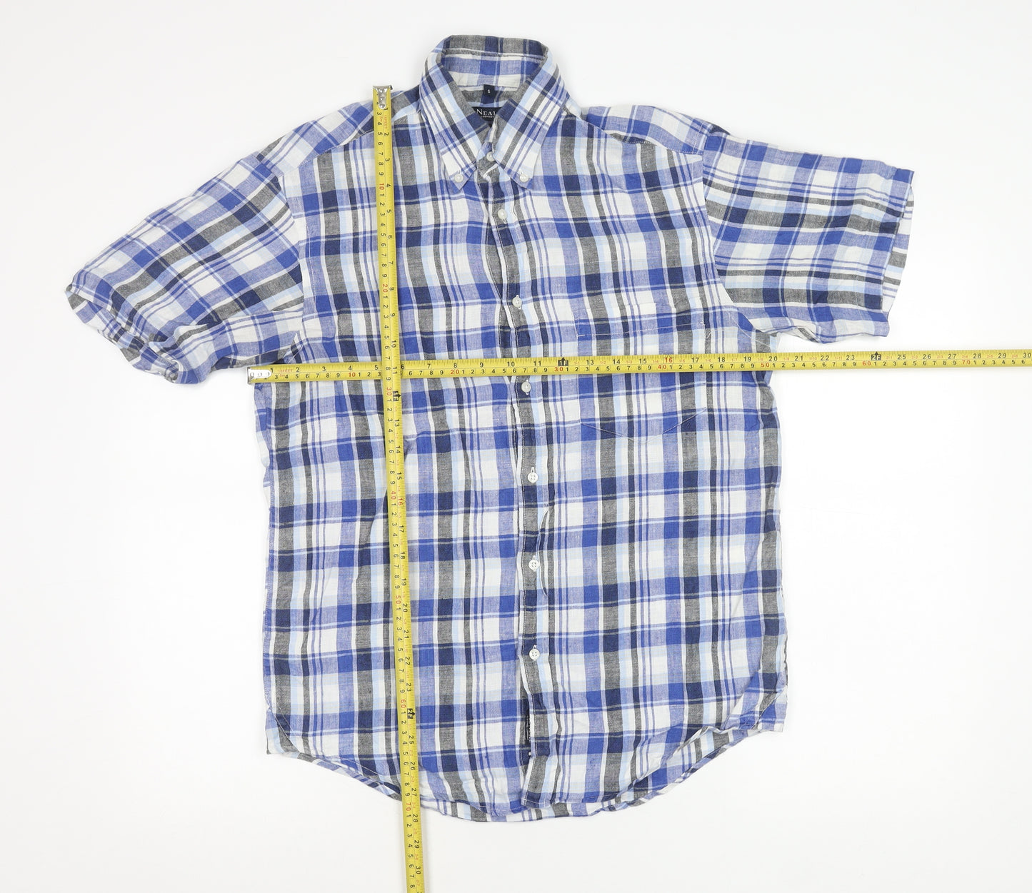 McNeal Men’s Blue Checked Linen Short Sleeve Button-Up Shirt S