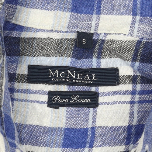 McNeal Men’s Blue Checked Linen Short Sleeve Button-Up Shirt S