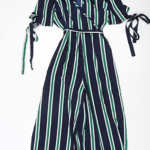 QED London Women’s Multicoloured Stripe Jumpsuit UK 8 Wide-Leg V-Neck