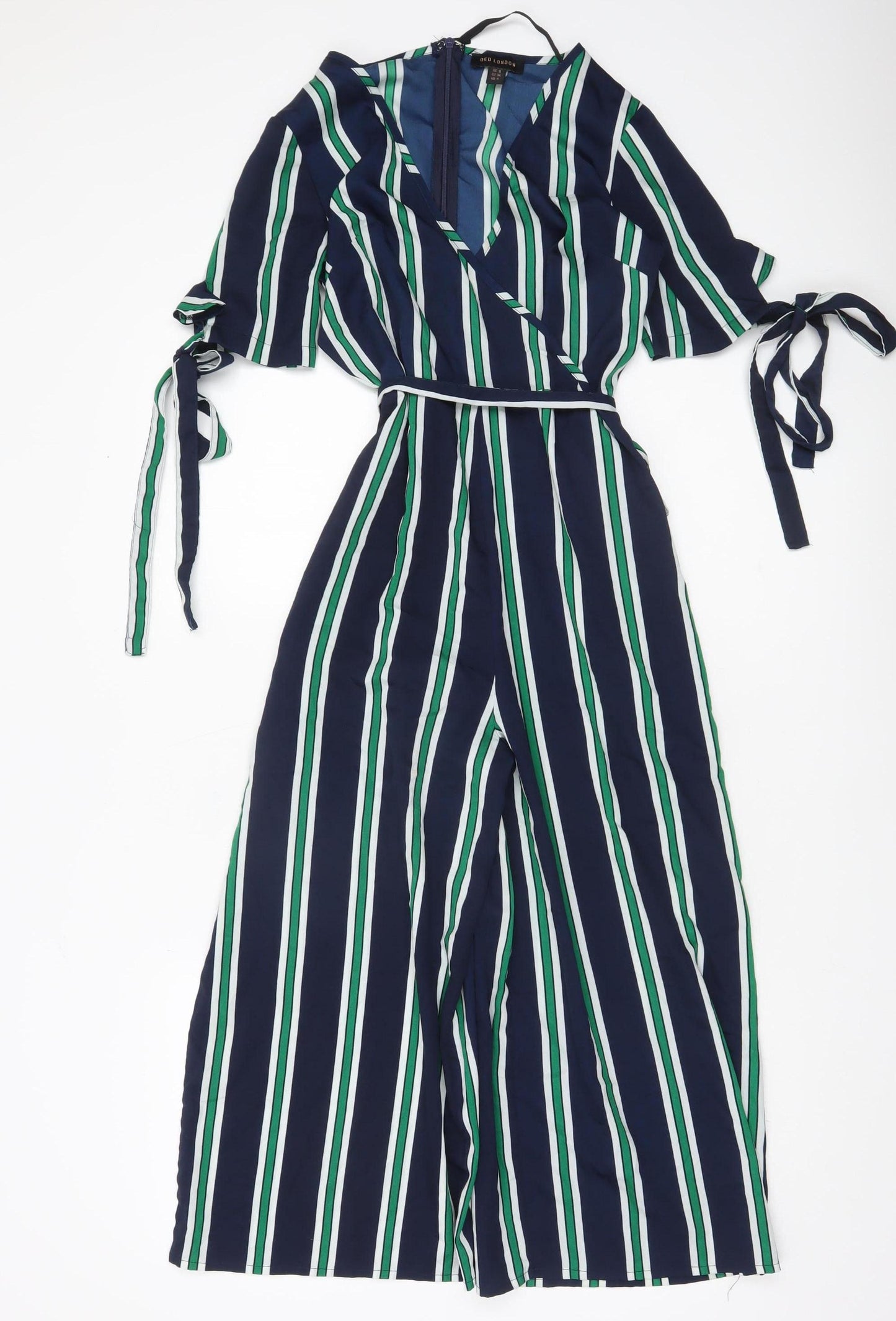 QED London Women’s Multicoloured Stripe Jumpsuit UK 8 Wide-Leg V-Neck