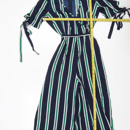 QED London Women’s Multicoloured Stripe Jumpsuit UK 8 Wide-Leg V-Neck