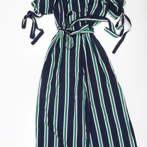 QED London Women’s Multicoloured Stripe Jumpsuit UK 8 Wide-Leg V-Neck