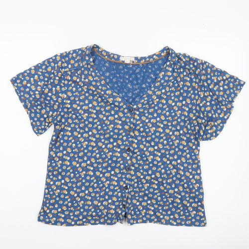 White Stuff Womens Blue Floral Cotton Blouse Size 10 V-Neck Short Sleeve