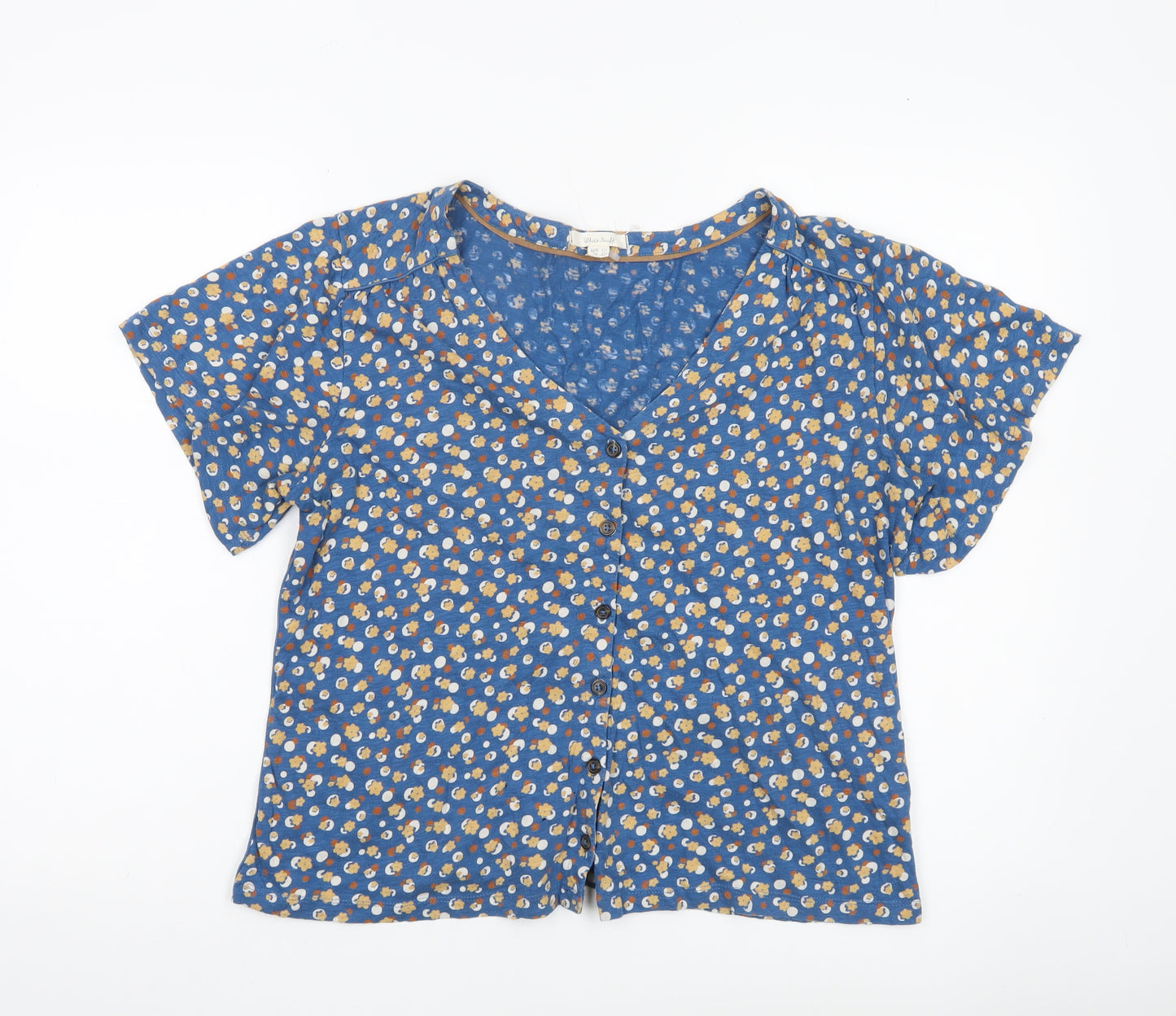 White Stuff Womens Blue Floral Cotton Blouse Size 10 V-Neck Short Sleeve