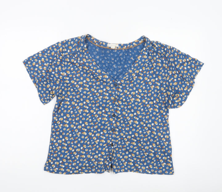 White Stuff Womens Blue Floral Cotton Blouse Size 10 V-Neck Short Sleeve