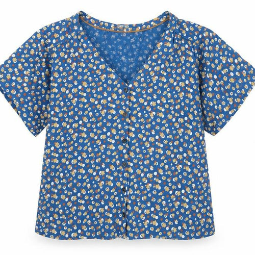 White Stuff Womens Blue Floral Cotton Blouse Size 10 V-Neck Short Sleeve