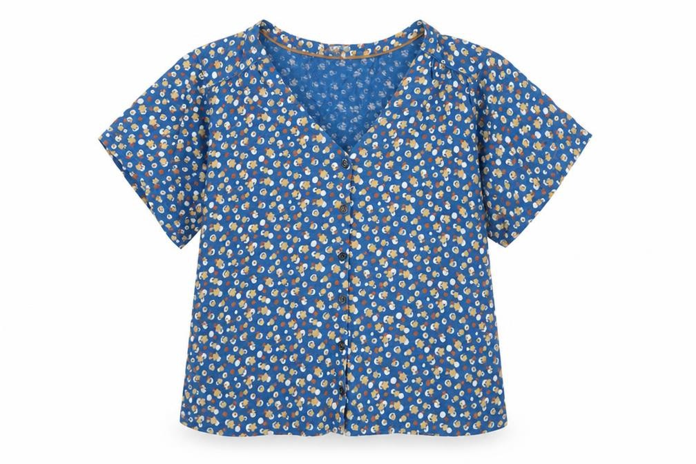 White Stuff Womens Blue Floral Cotton Blouse Size 10 V-Neck Short Sleeve