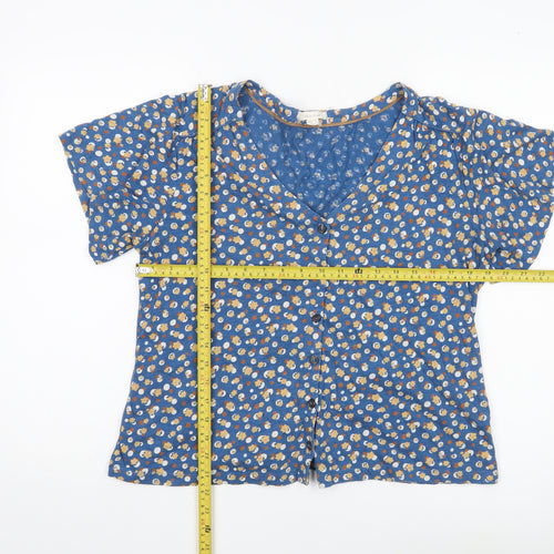 White Stuff Womens Blue Floral Cotton Blouse Size 10 V-Neck Short Sleeve