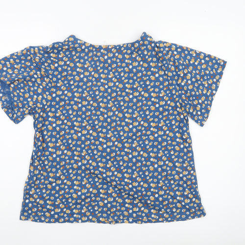 White Stuff Womens Blue Floral Cotton Blouse Size 10 V-Neck Short Sleeve