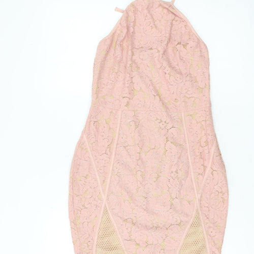PrettyLittleThing Women Pink Lace Halter Bodycon Dress Size 10